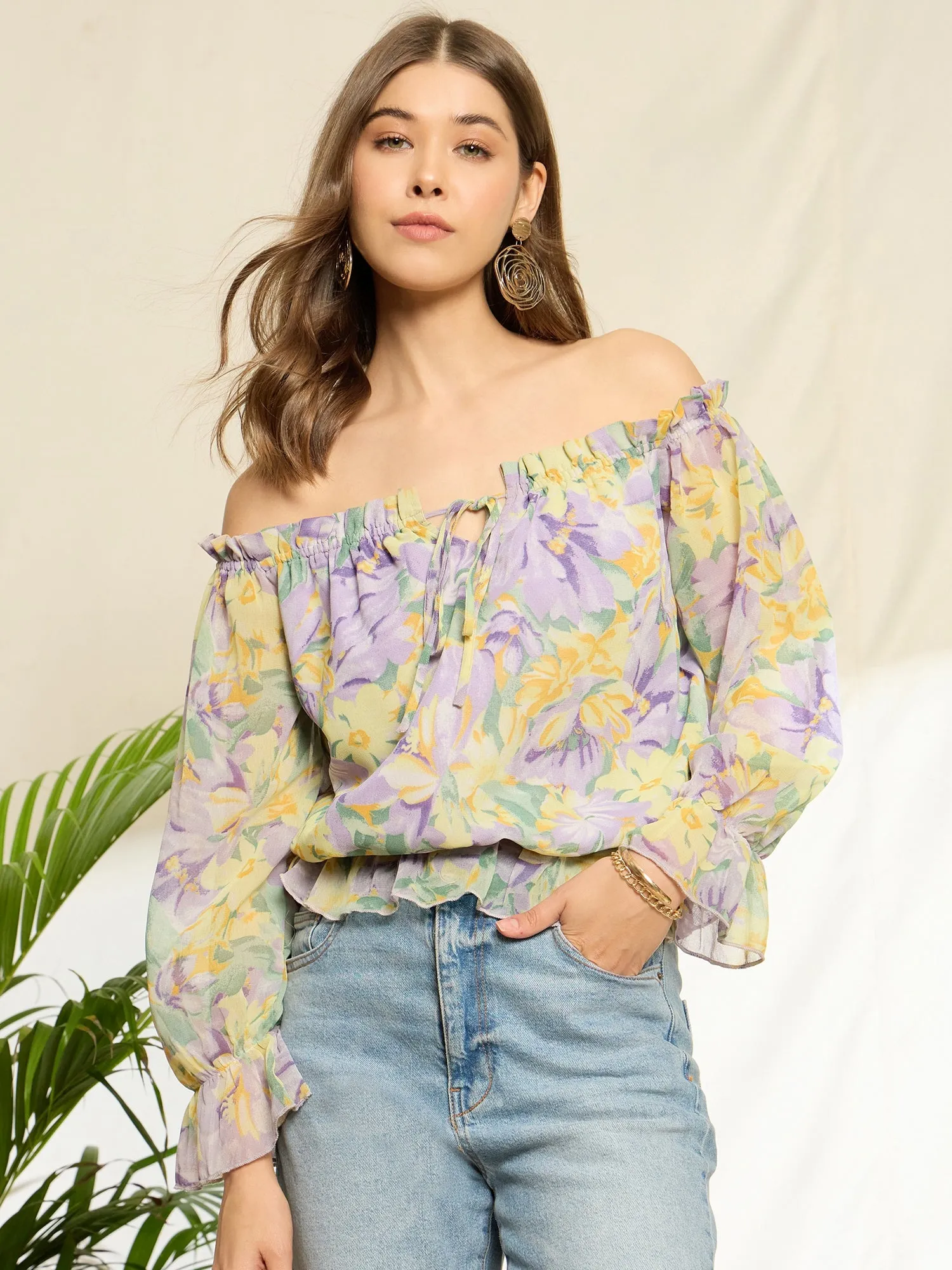 Berrylush Women Purple Floral Print Off Shoulder Ruffle Regular Peplum Top