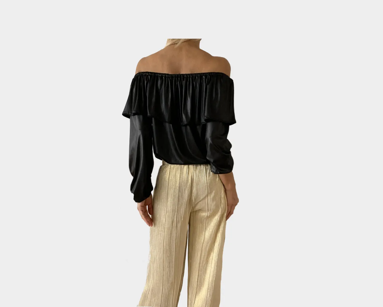 Black Metallic Off the Shoulder Ruffle Crop Top - The St. Barth