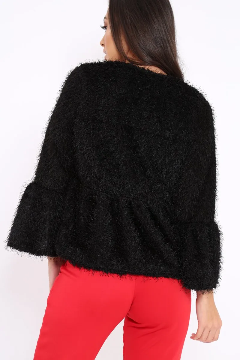 Black Shaggy Peplum Cardigan - Trianna