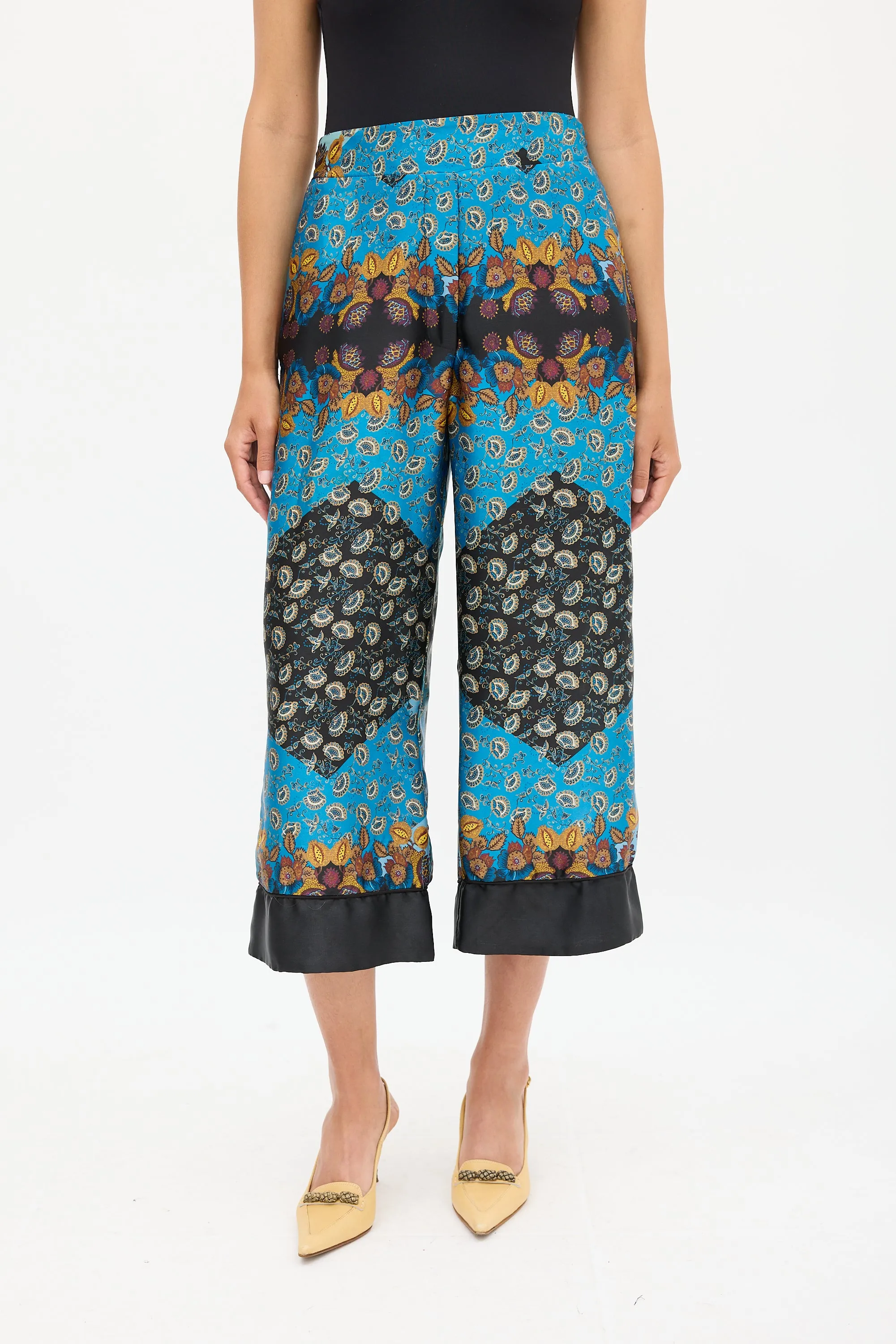 Blue & Multicolour Ornate Wide Cropped Trouser