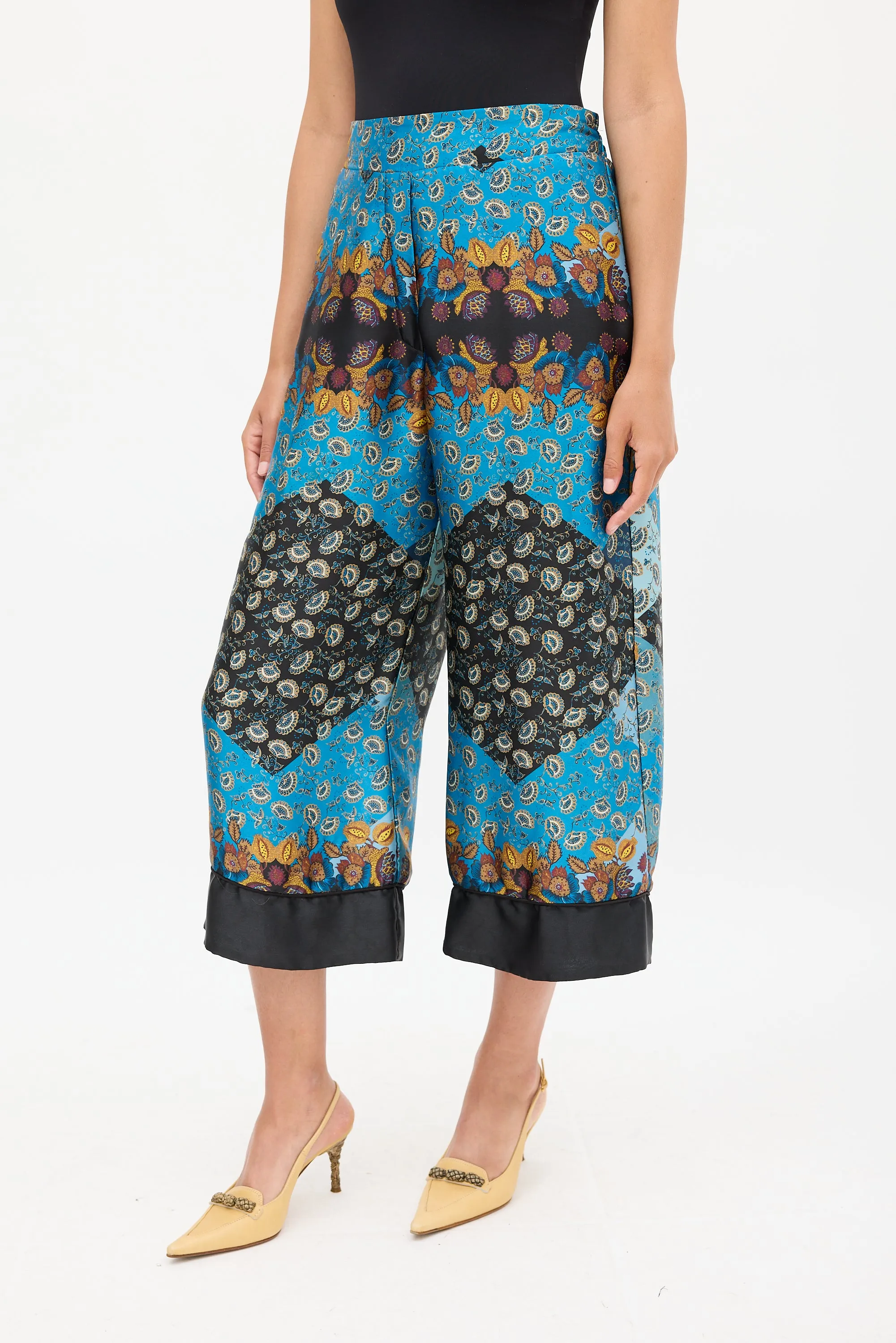 Blue & Multicolour Ornate Wide Cropped Trouser