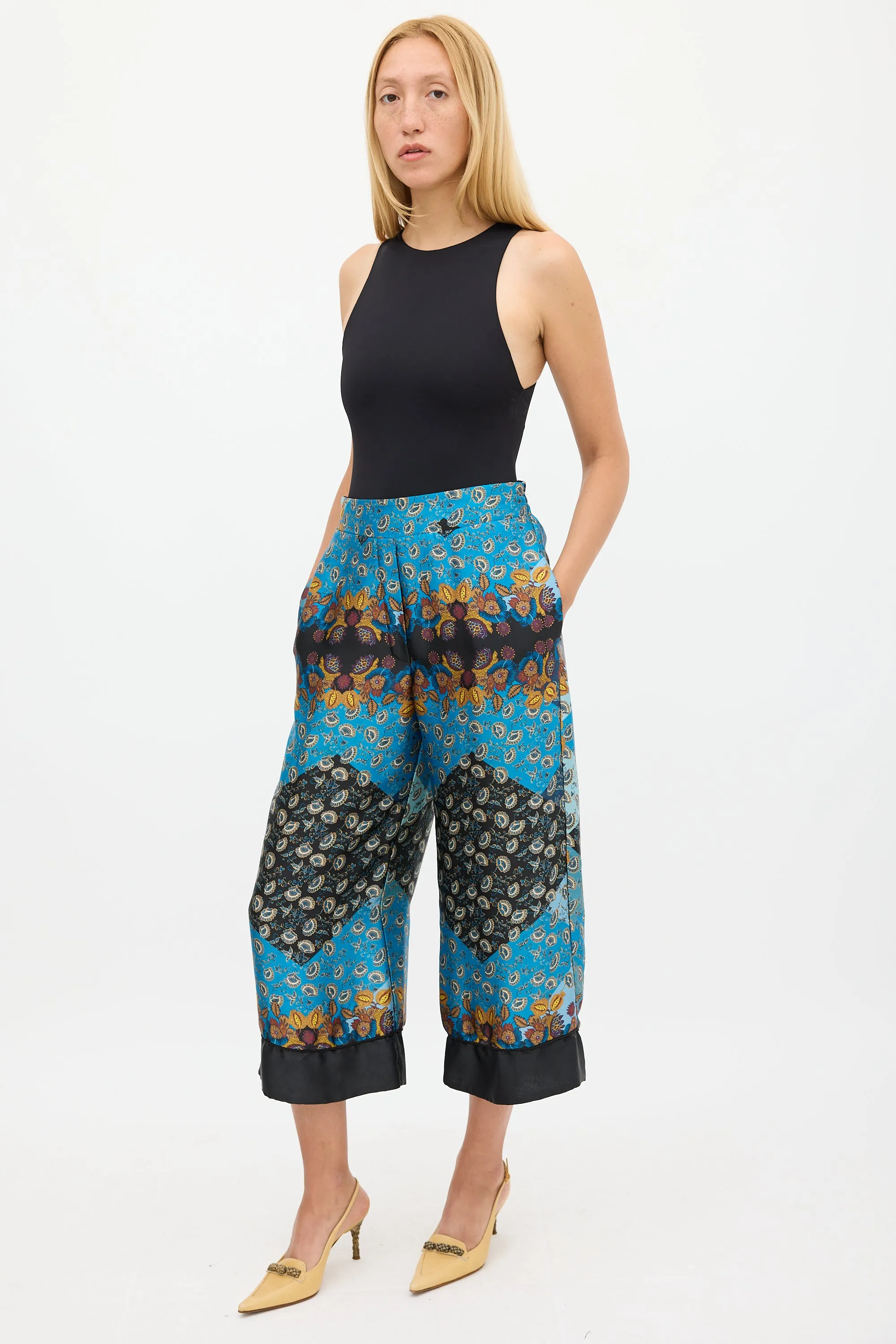 Blue & Multicolour Ornate Wide Cropped Trouser