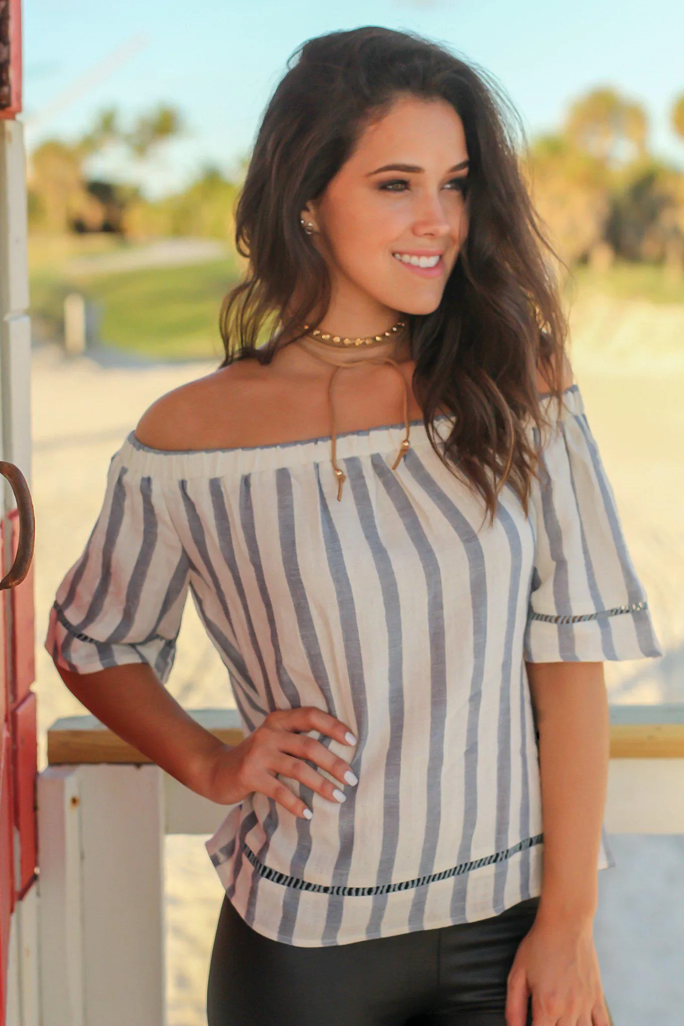 Blue and Ivory Off Shoulder Striped Top