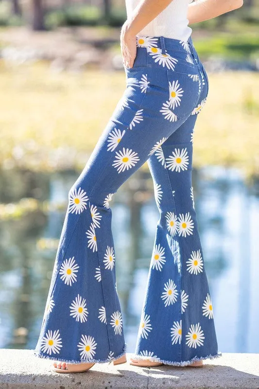 Blue Boho Daisy Flare Denim