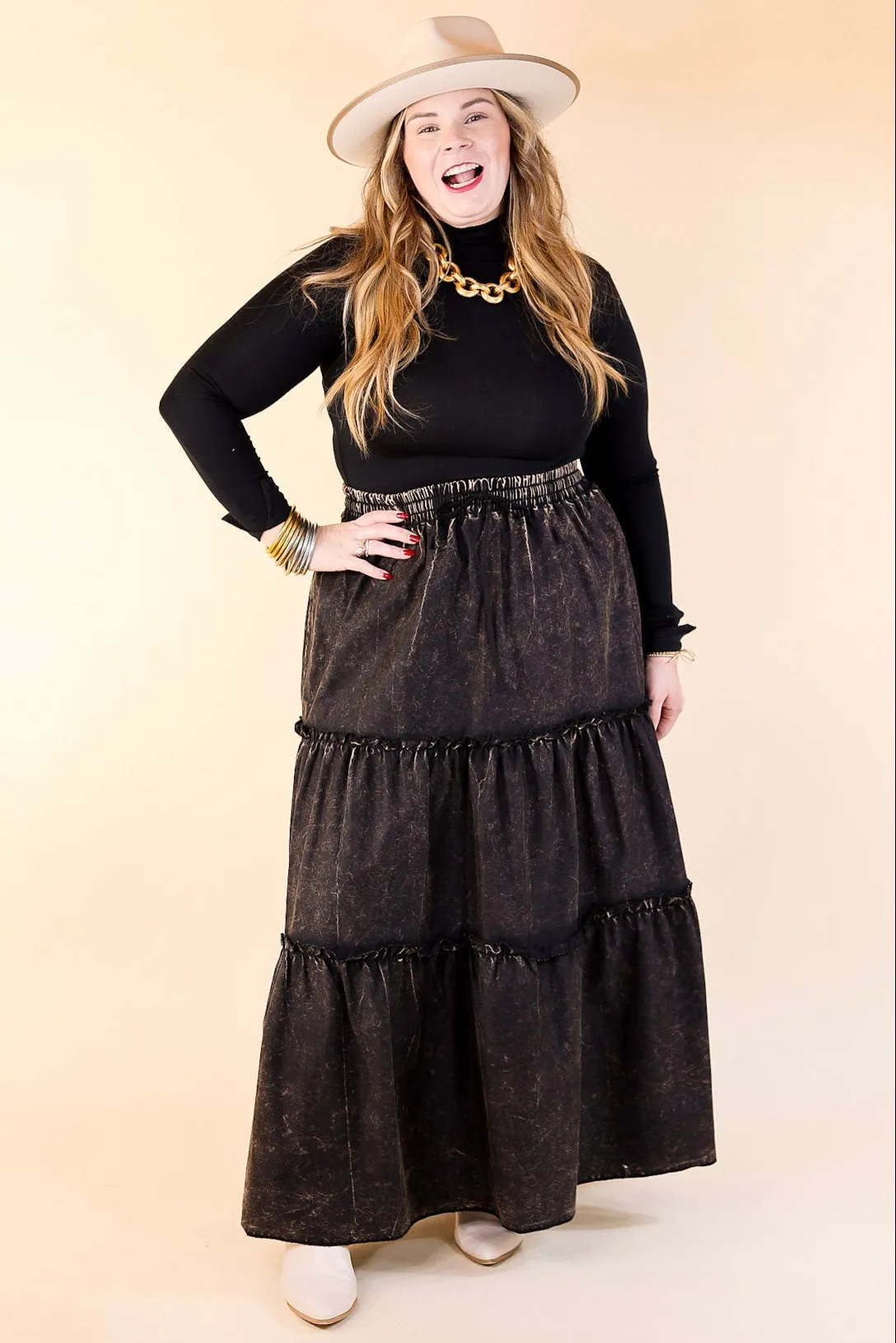 Boho Bliss Acid Wash Tiered Ruffle Maxi Skirt in Ash Black