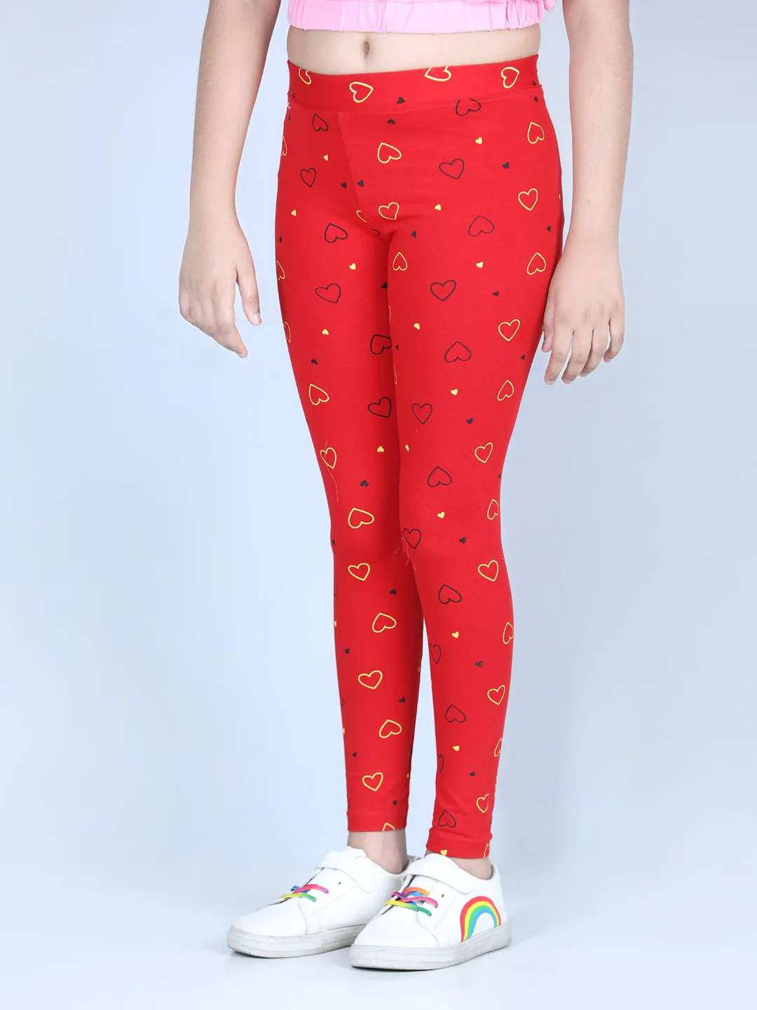 Girl's Heart Printed Leggings With Flat Waistband- Red - Stylestone Kid