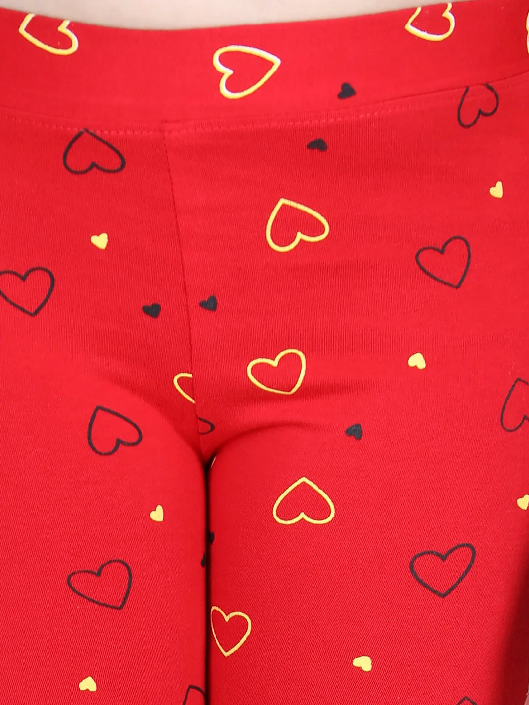 Girl's Heart Printed Leggings With Flat Waistband- Red - Stylestone Kid