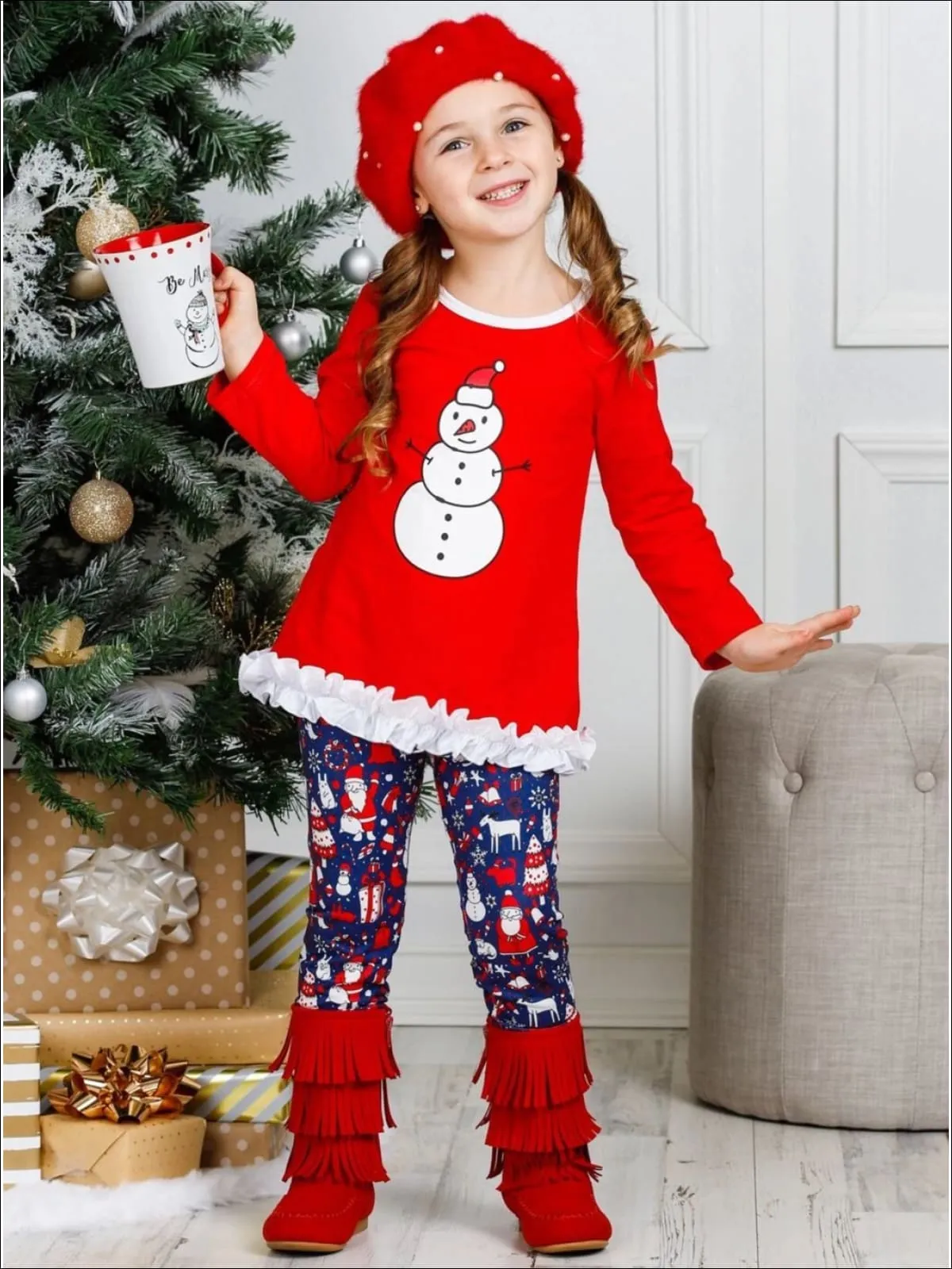 Girls Long Sleeve Ruffled Applique Tunic And Printed Legging Set