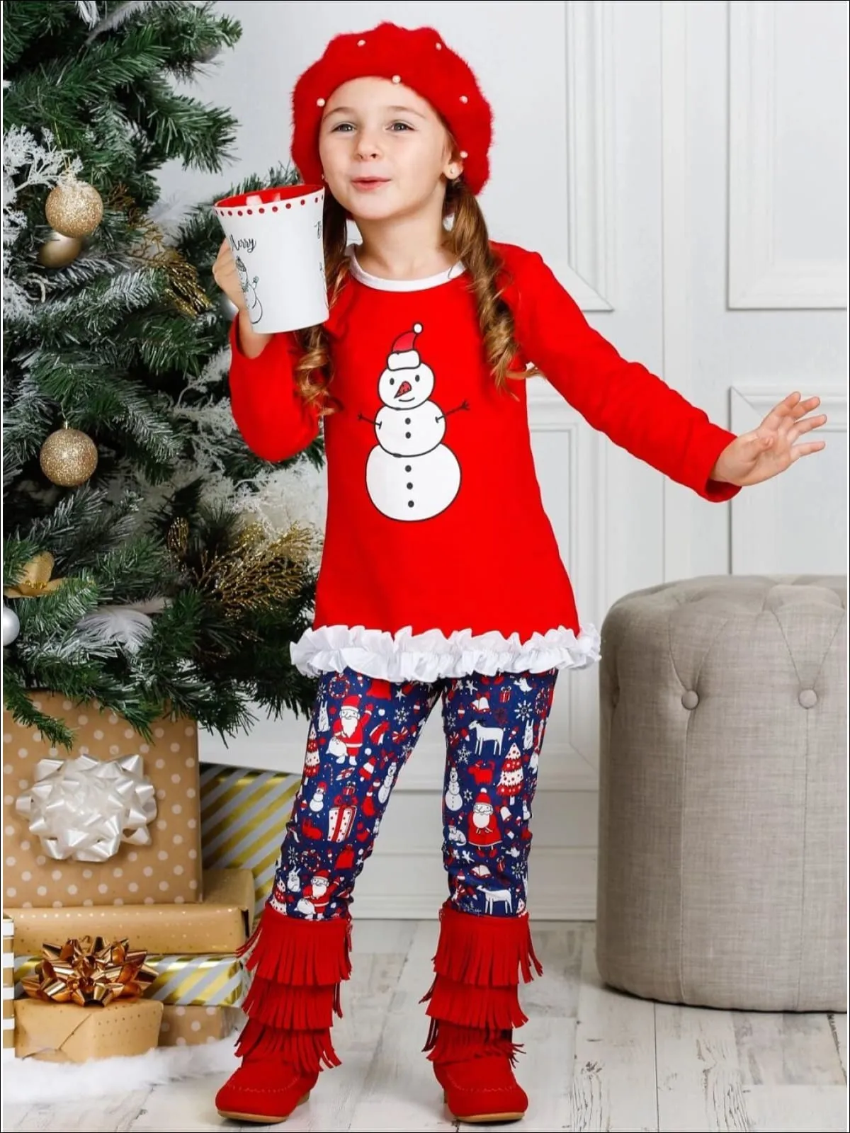 Girls Long Sleeve Ruffled Applique Tunic And Printed Legging Set