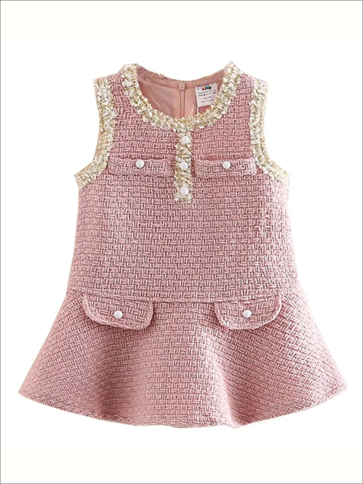 Girls Pink Sleeveless Tweed Dress