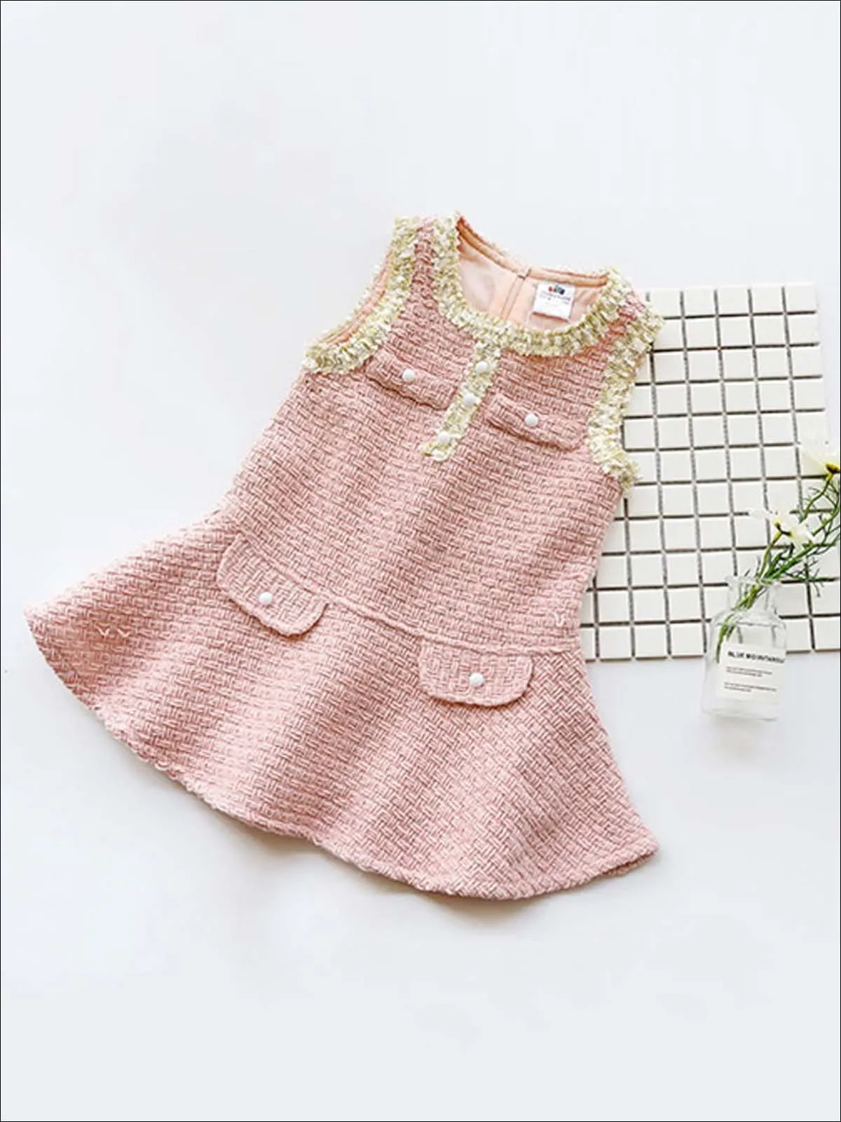 Girls Pink Sleeveless Tweed Dress