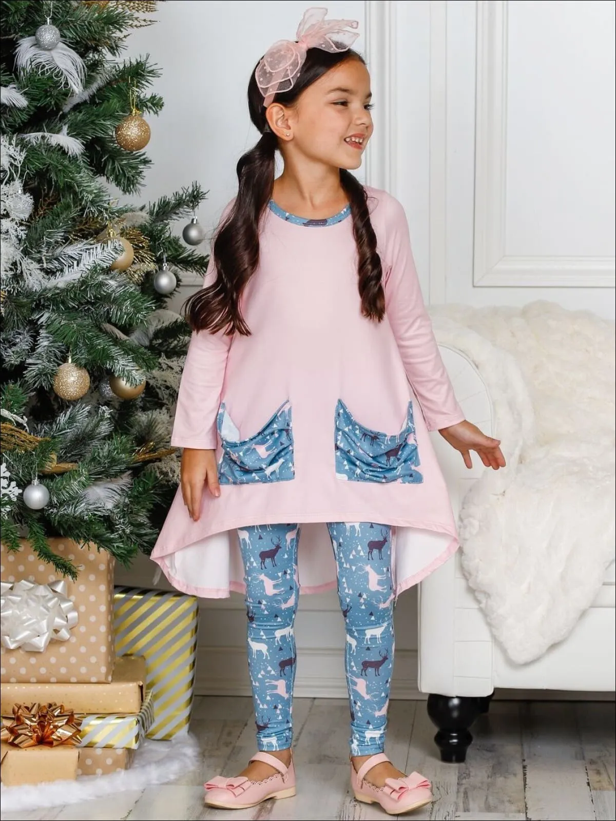 Girls Winter Themed Hi-lo Long Sleeve Tunic with Printed Slouchy Pockets And Matching Legging Set