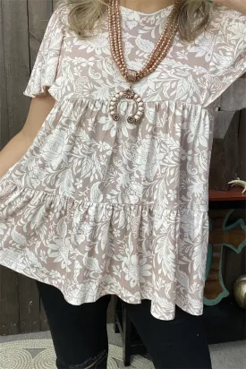 GJQ15595-1 Khaki color floral printed w/bell short sleeve baby doll women tops