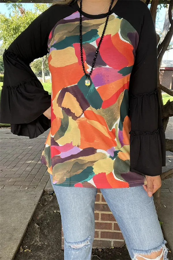 GJQ15743 Wash painting multi color printed black solid color long sleeve/bell&ruffle women tops