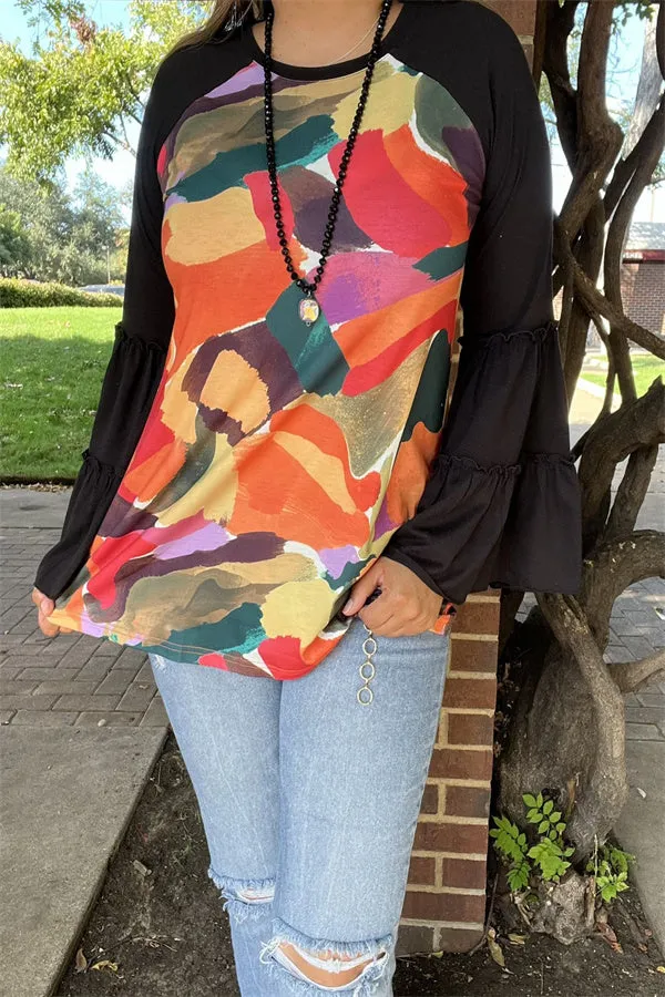 GJQ15743 Wash painting multi color printed black solid color long sleeve/bell&ruffle women tops