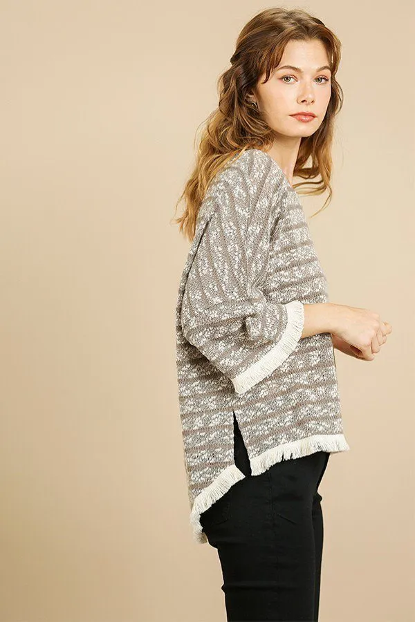 Heathered Striped Knit Bell Sleeve Round Neck Top in Khaki