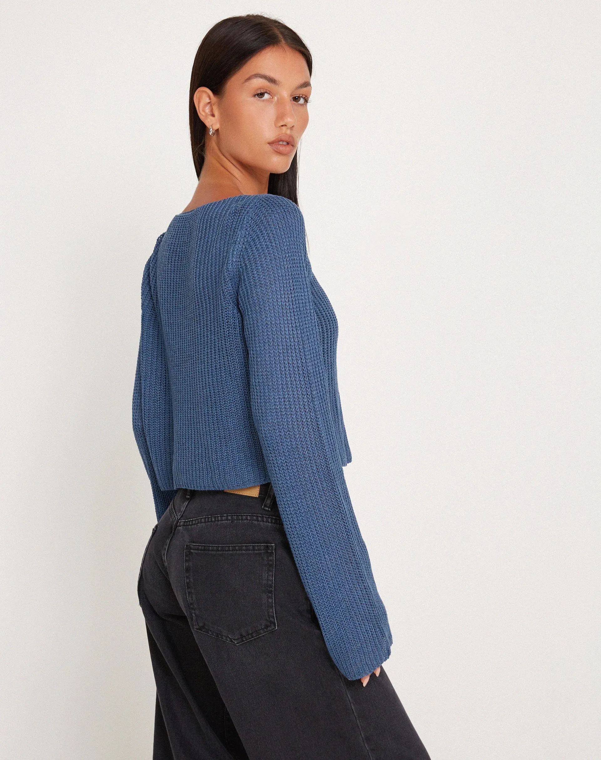 Kazayo Long Sleeve Knit Top in Midnight Blue