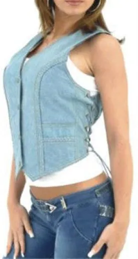 Ladies Genuine Blue Leather Vest with Denim Look & Side Laces