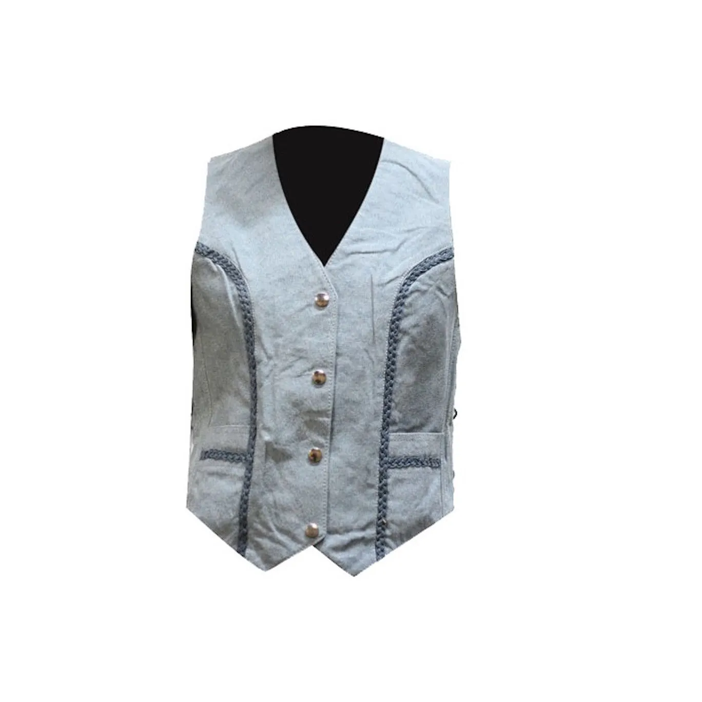 Ladies Genuine Blue Leather Vest with Denim Look & Side Laces