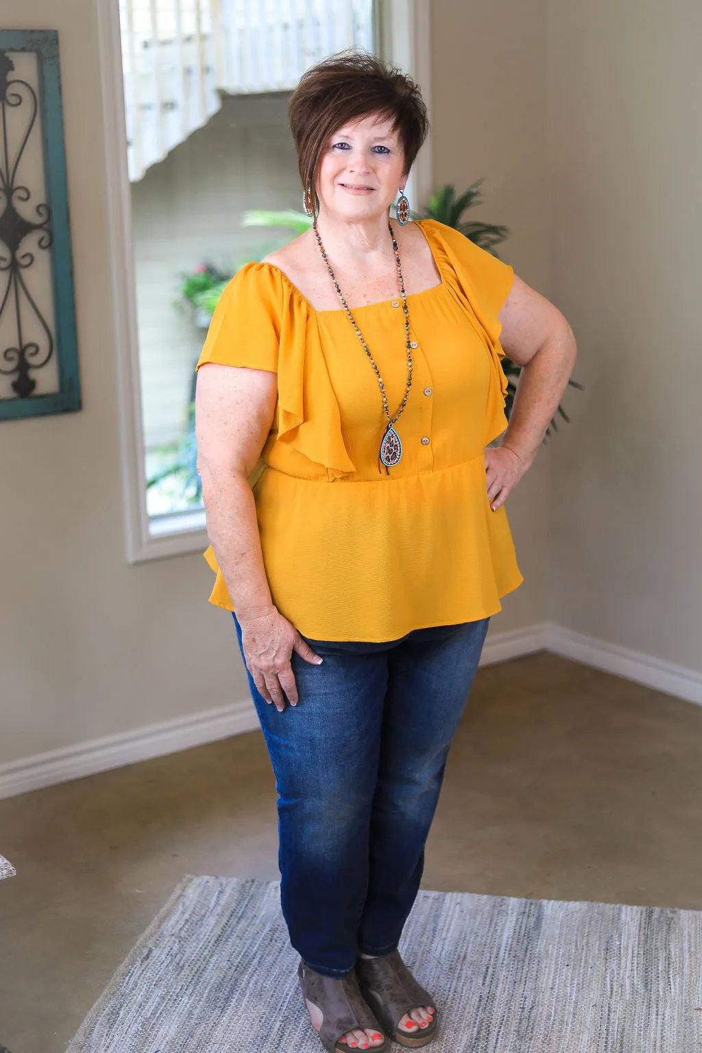 Last Chance Size 3XL | Resounding Success Peplum Top with Button Detail in Mustard Yellow