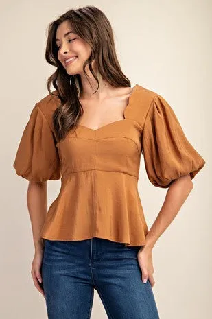 Lena Scalloped Neck Bubble Sleeve Peplum Top *FINAL SALE*