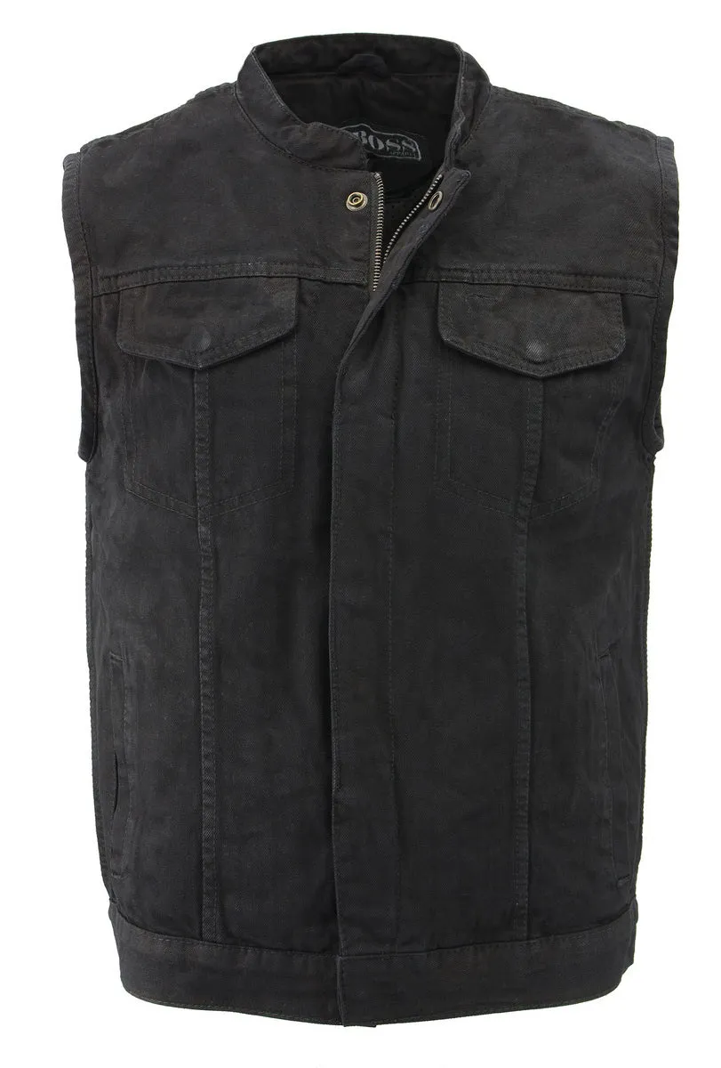 M Boss Motorcycle Apparel BOS13000 Men's Black Denim Club Style Vest with Hidden Zipper