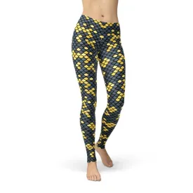 Mermaid Leggings with Dark Gray and Yellow Fish Scales Pattern Print