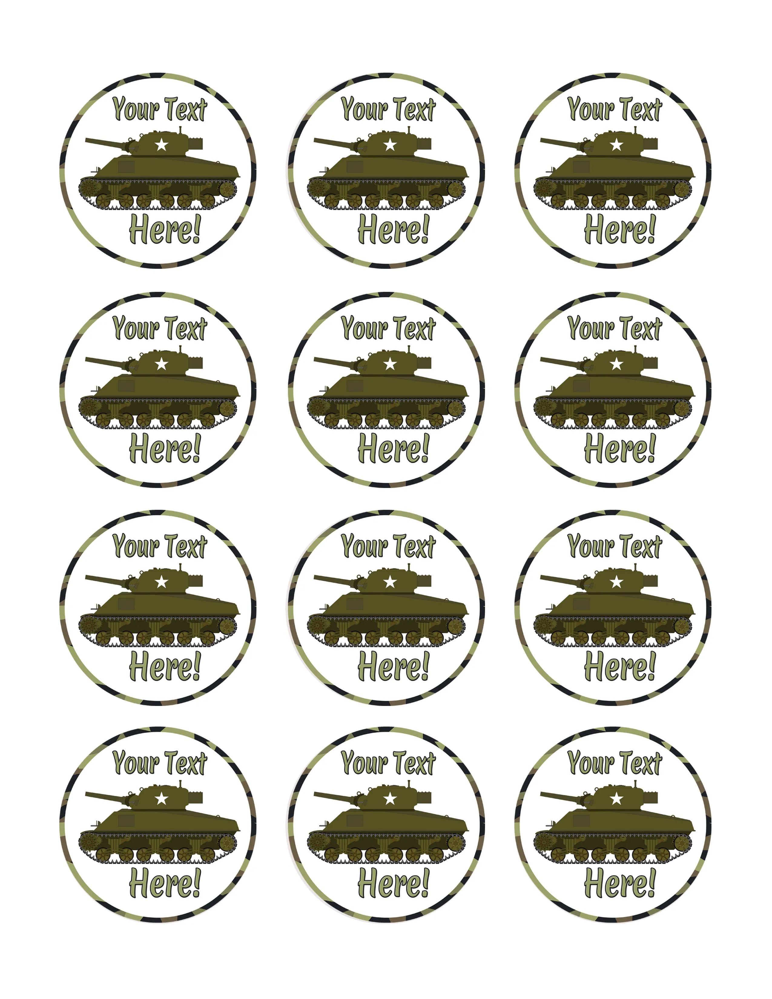 Military Sherman Tank - Edible Cake Topper, Cupcake Toppers, Strips