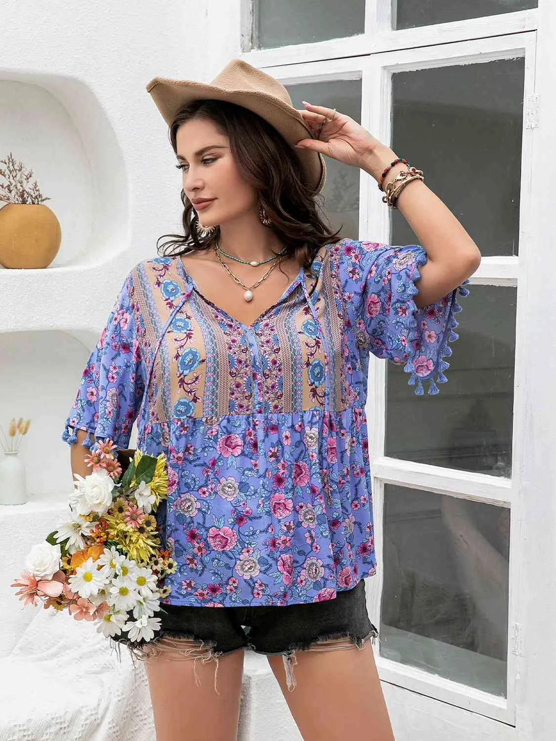 Plus Size Boho Tassel Sleeve Summer Top