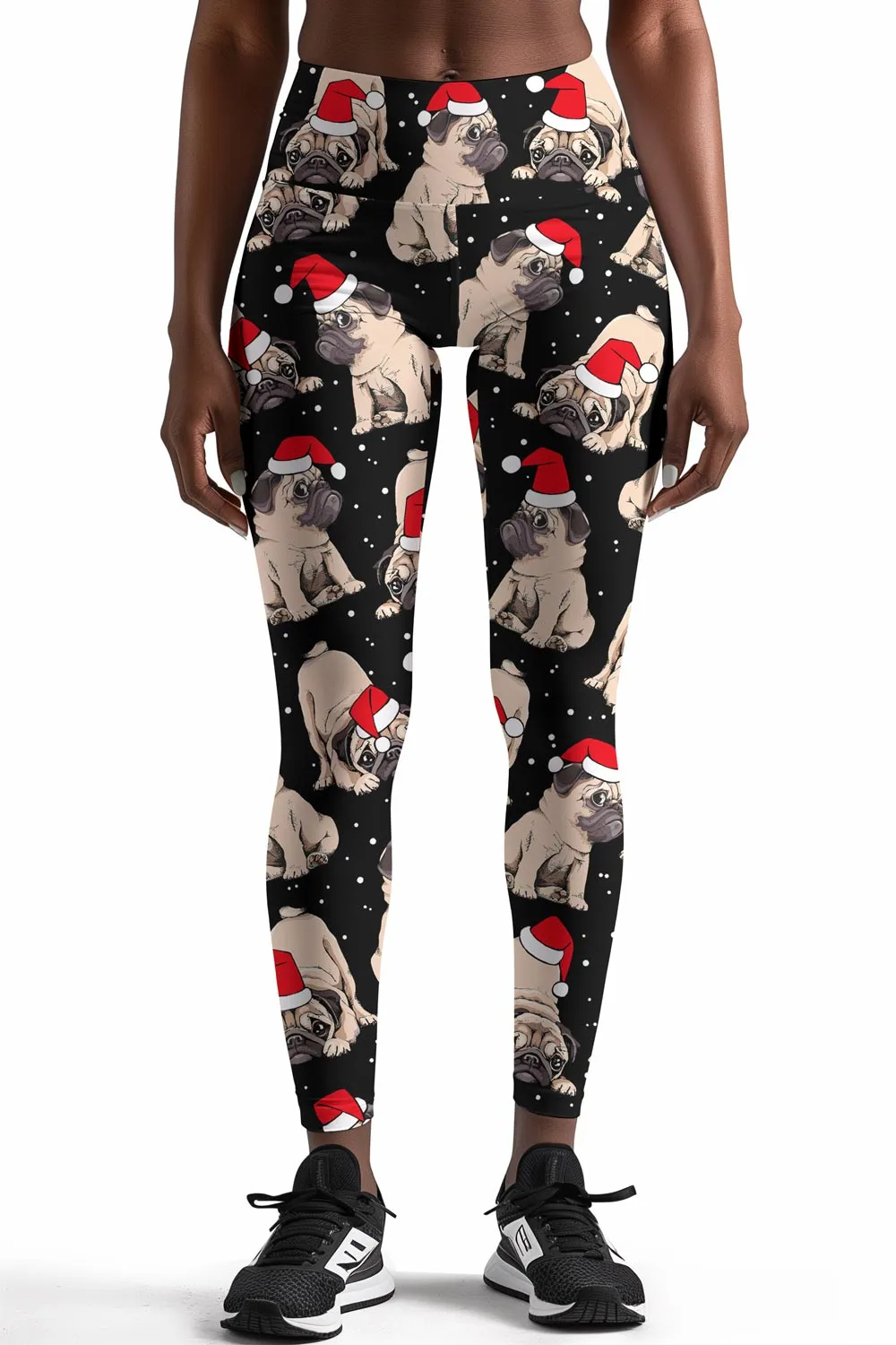 Santa Puglaus Lucy Black Dog Christmas Holiday Winter Leggings - Women