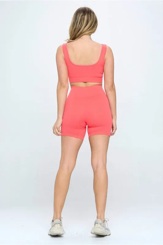 Seamless Ribbed Padded Tank & Biker Shorts Set