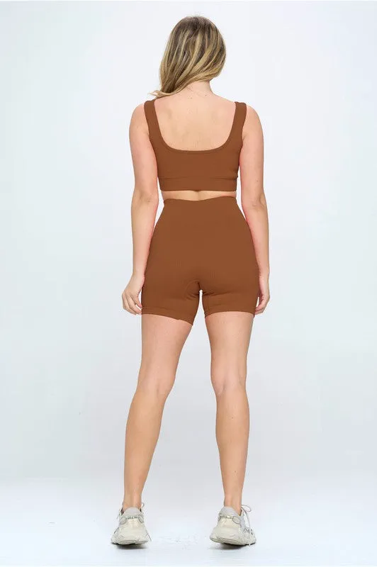 Seamless Ribbed Padded Tank & Biker Shorts Set