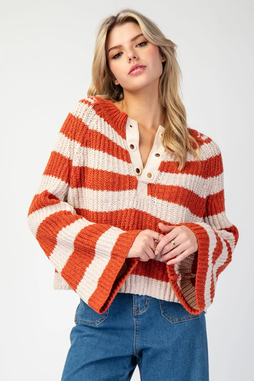 Sienna Striped Long Sleeve Pullover Notched Sweater *FINAL SALE*