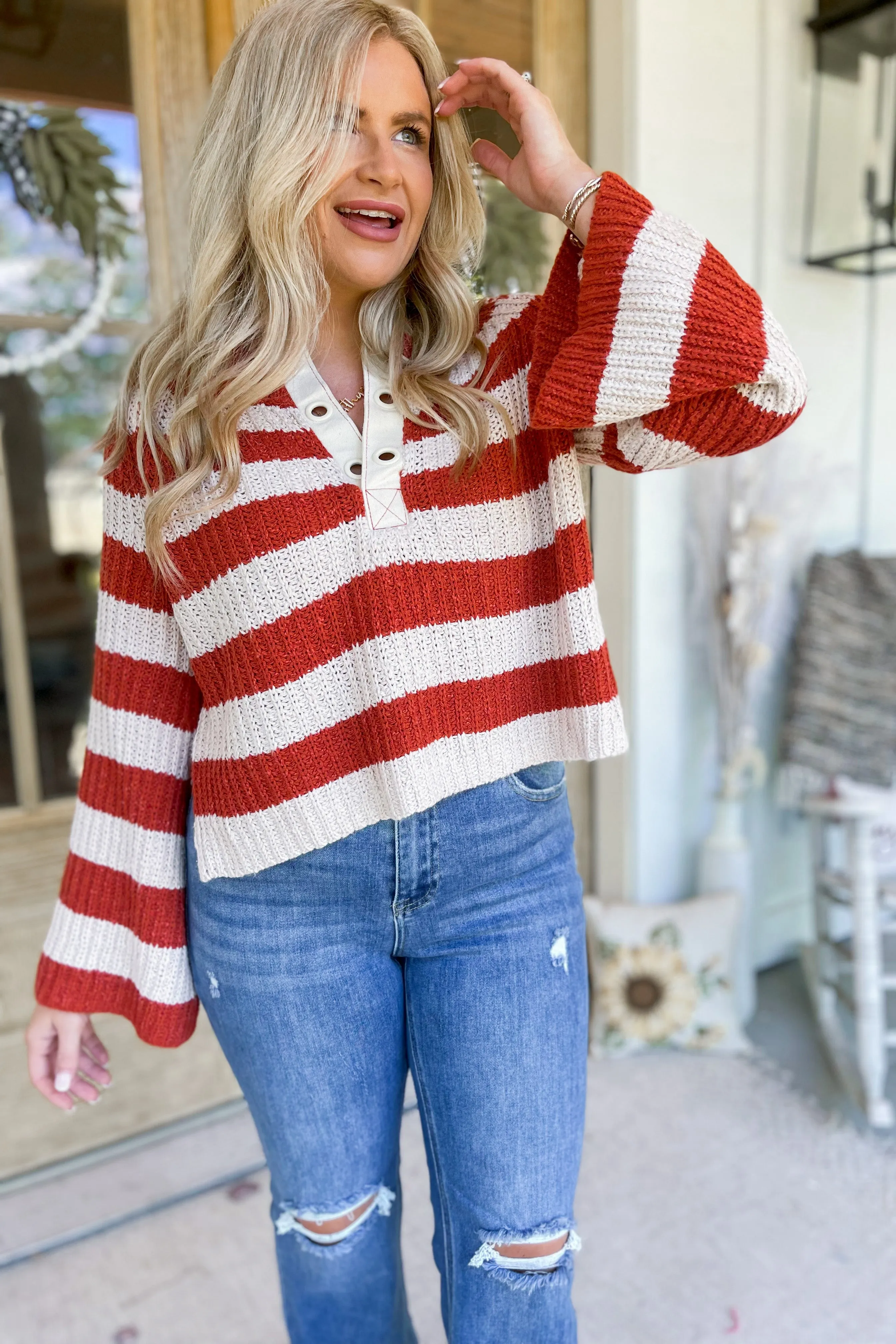 Sienna Striped Long Sleeve Pullover Notched Sweater *FINAL SALE*