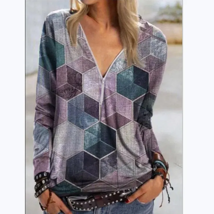 Street Hipsters Geometric Rubik's Cube Printing V-neck Zipper Shirt Long Sleeve T-shirt Women