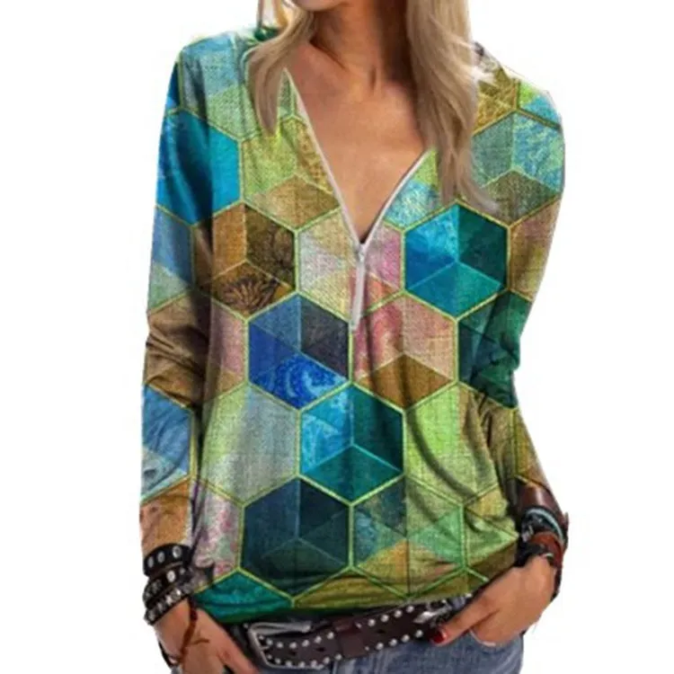 Street Hipsters Geometric Rubik's Cube Printing V-neck Zipper Shirt Long Sleeve T-shirt Women