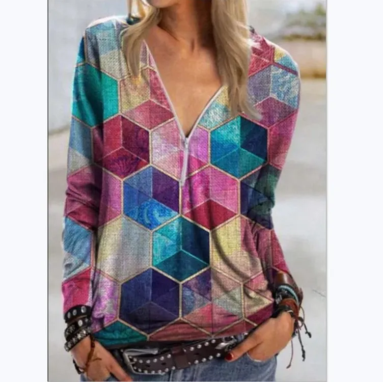 Street Hipsters Geometric Rubik's Cube Printing V-neck Zipper Shirt Long Sleeve T-shirt Women