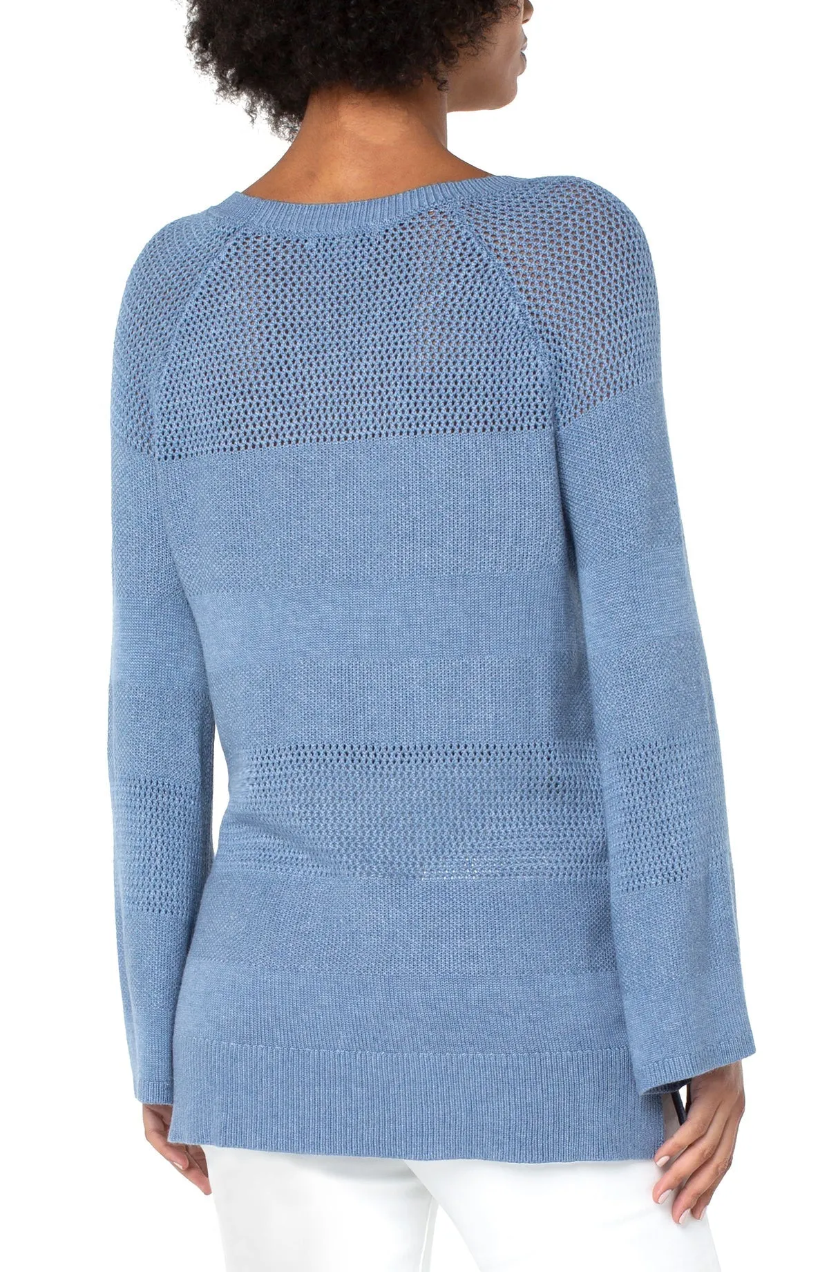 Texture Blocked 3/4 Sleeve Raglan Sweater - Cornflower Blue