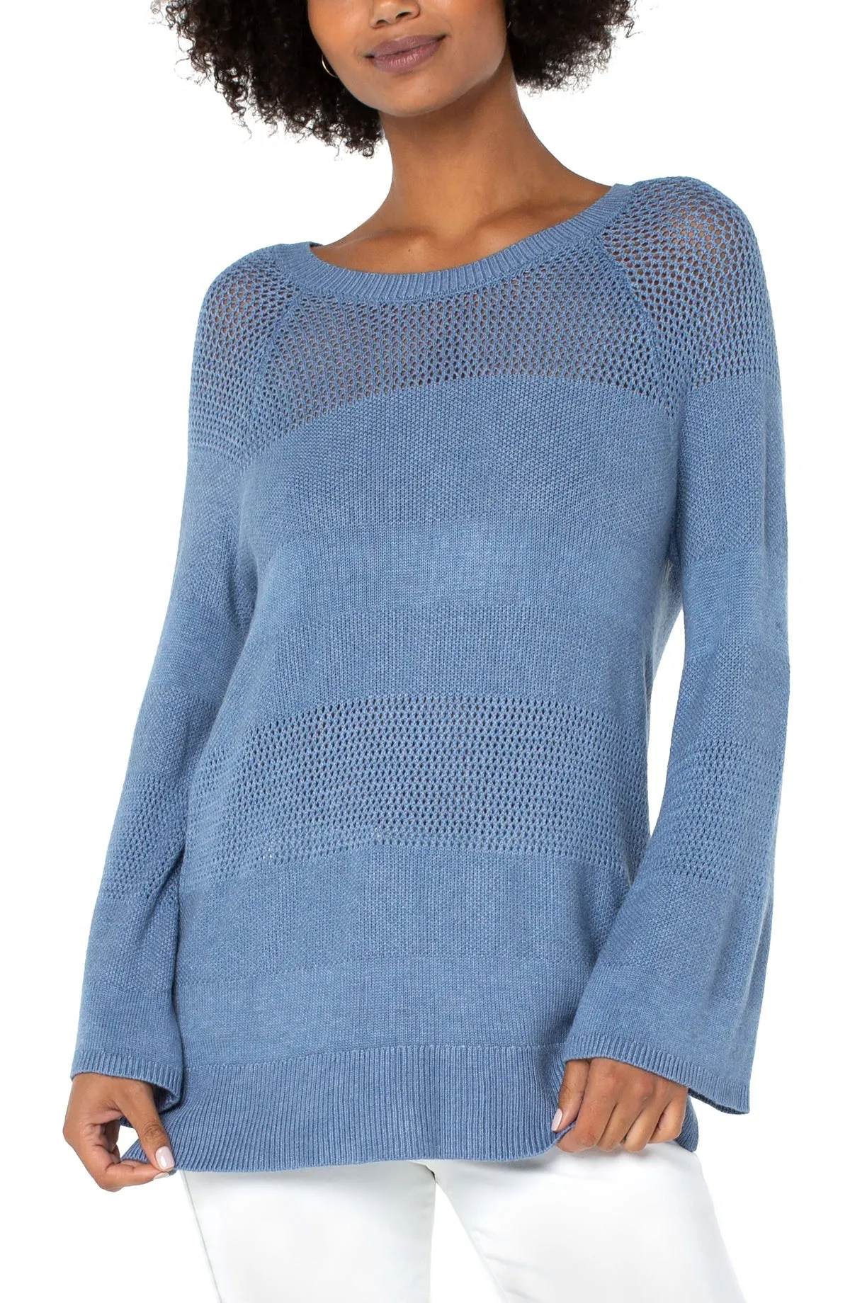 Texture Blocked 3/4 Sleeve Raglan Sweater - Cornflower Blue