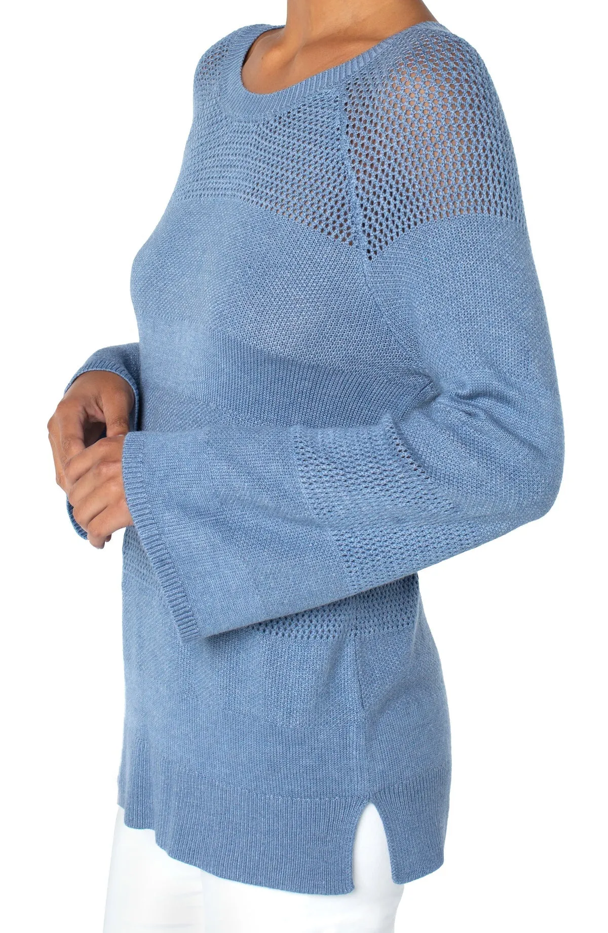 Texture Blocked 3/4 Sleeve Raglan Sweater - Cornflower Blue