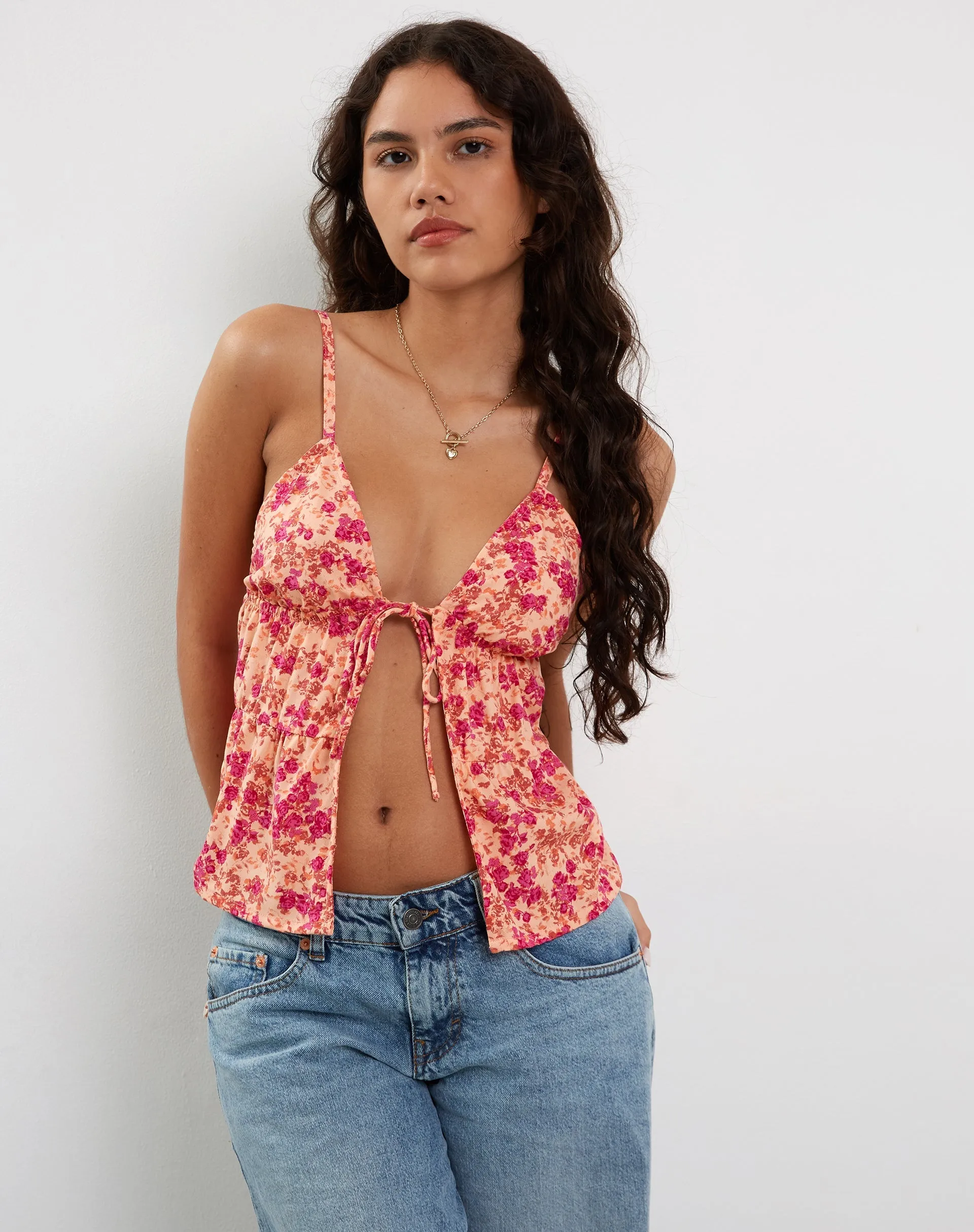 Tezza Tie Front Cami Top in Dark Wild Flower Cantaloupe