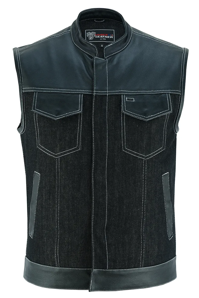 VB912BK Men's Denim & Leather Vest with White Stitching