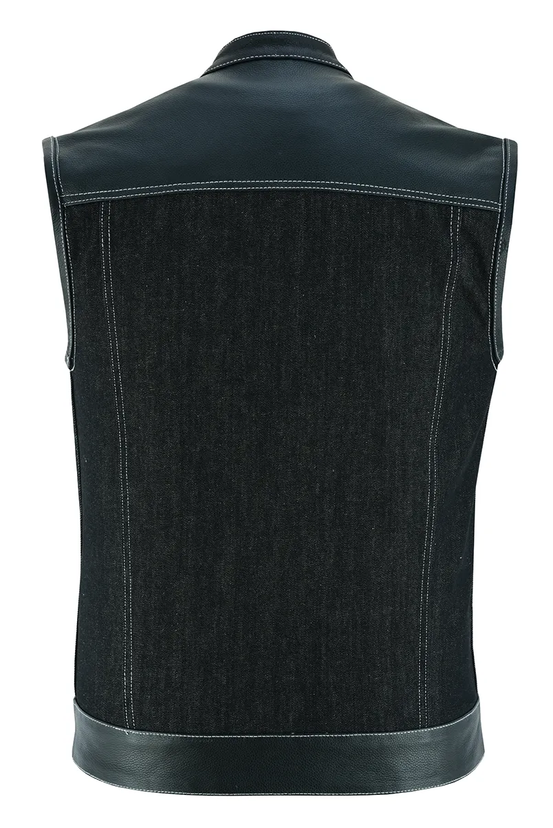 VB912BK Men's Denim & Leather Vest with White Stitching