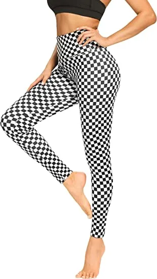 Wholesale High Waisted Black White Checkboard Leggings Soft Slim Tummy Control Printed Pants