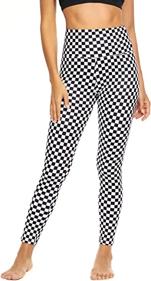 Wholesale High Waisted Black White Checkboard Leggings Soft Slim Tummy Control Printed Pants