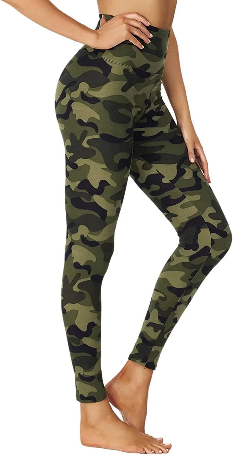 Wholesale High Waisted Green Camo Leggings Soft Slim Tummy Control Printed Pants