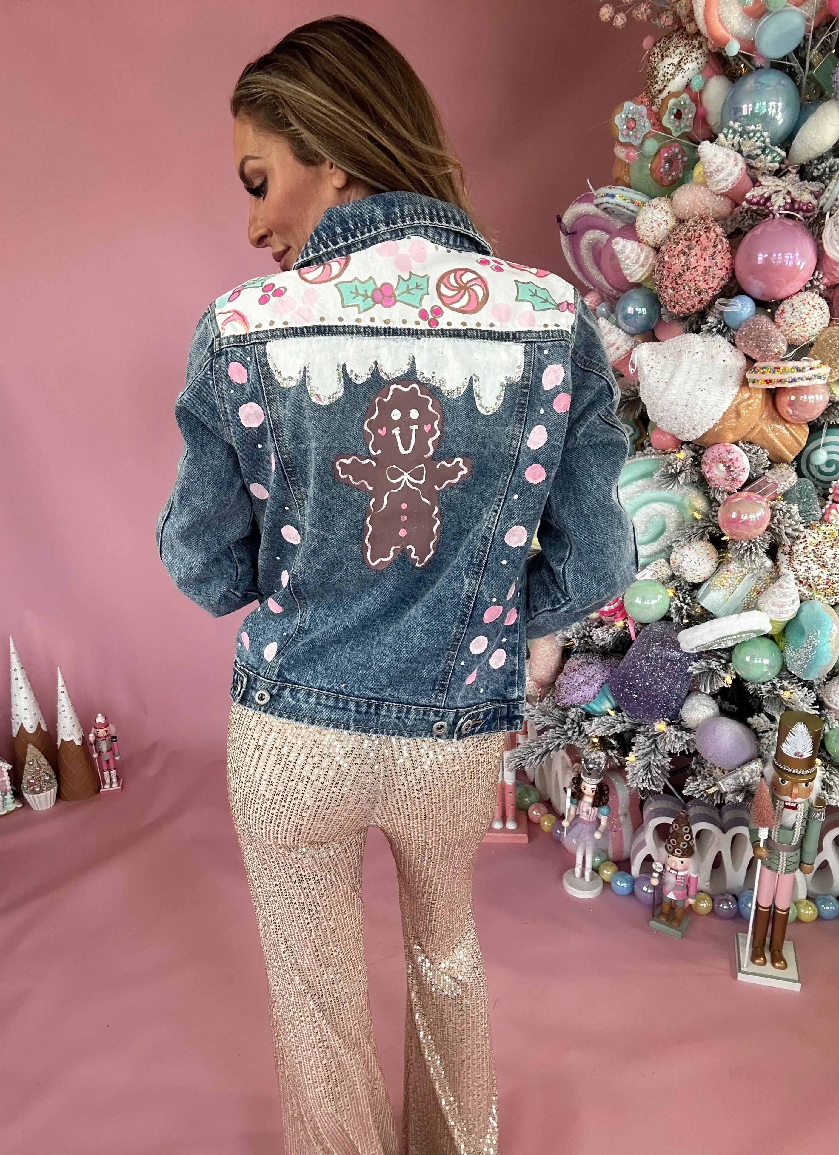 Women's Gingerbread Hand Custom Painted Denim Jacket Long Sleeve Top