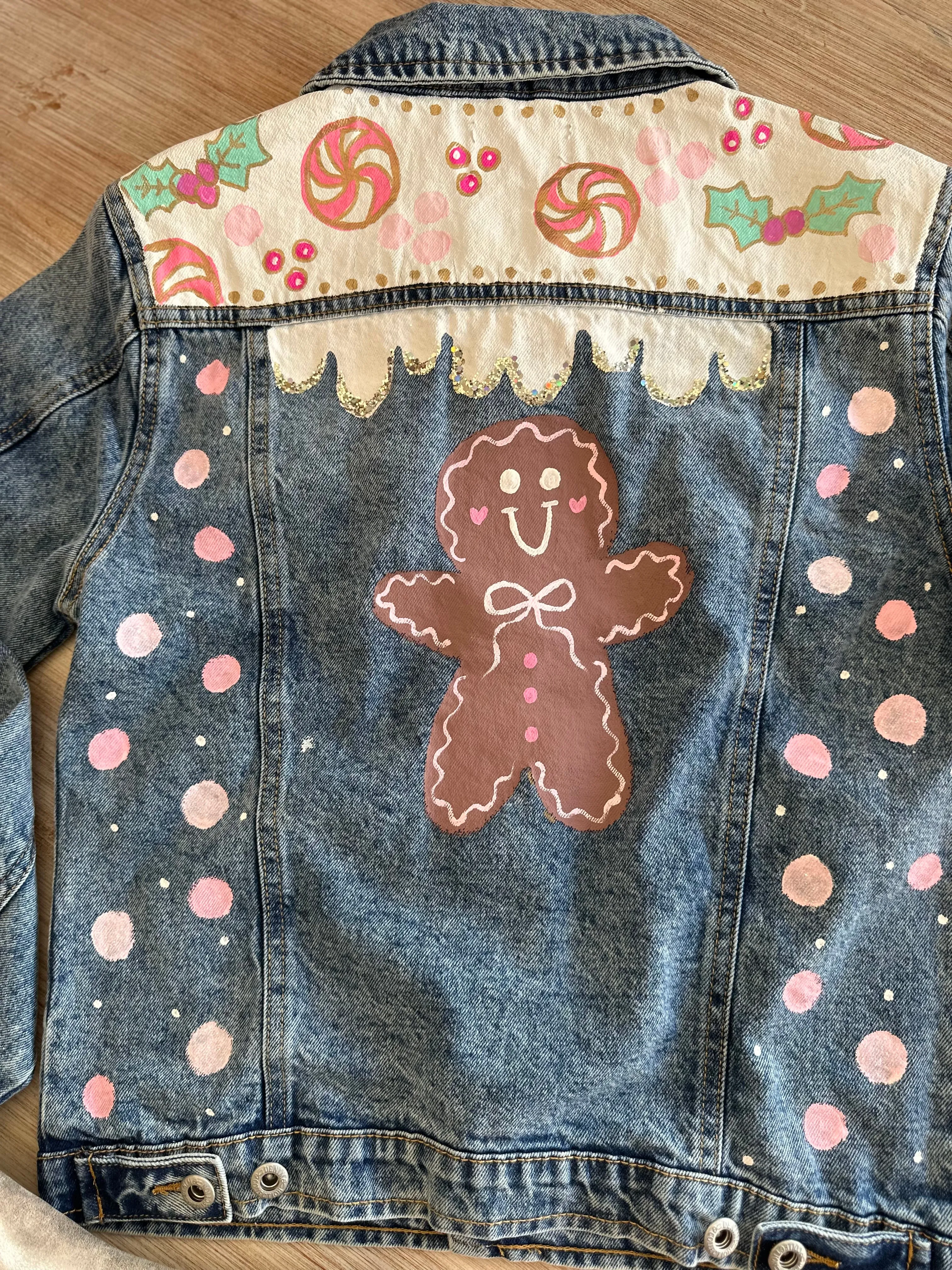 Women's Gingerbread Hand Custom Painted Denim Jacket Long Sleeve Top