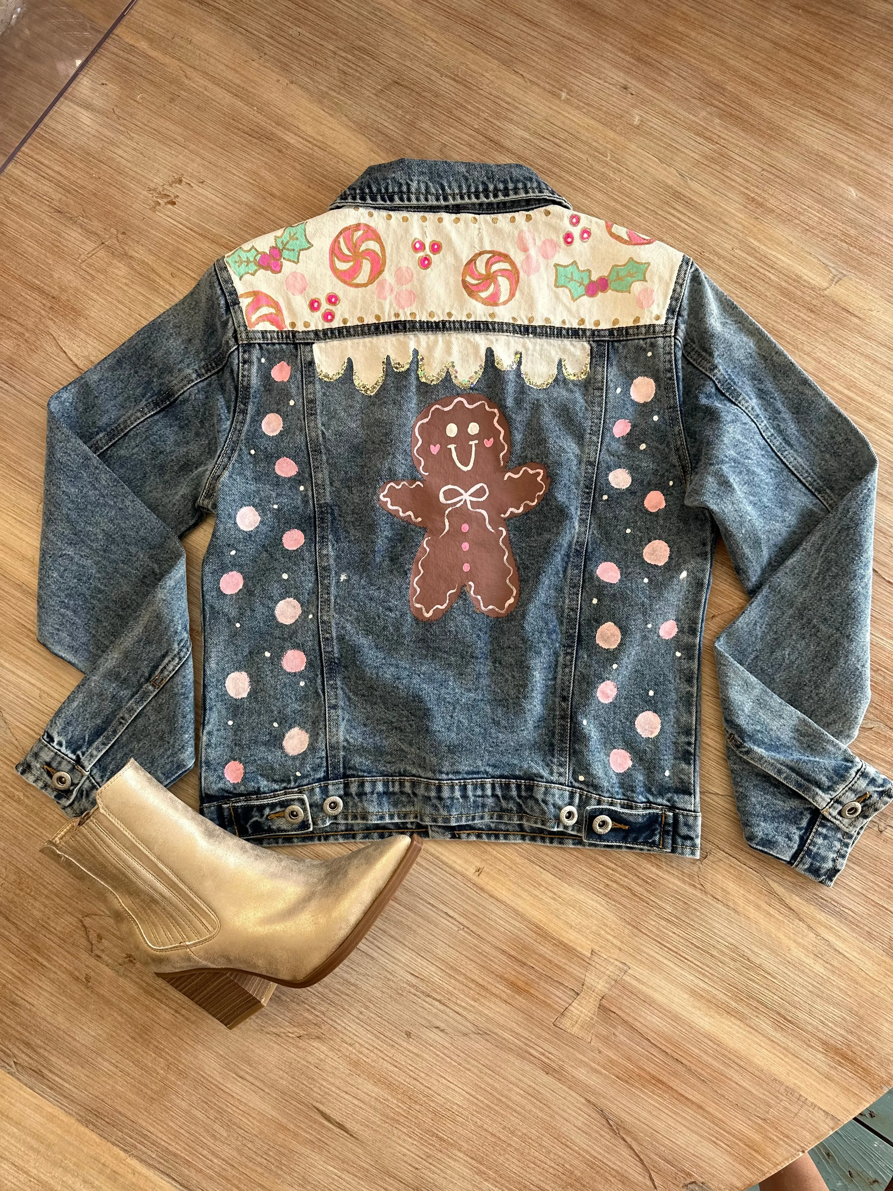 Women's Gingerbread Hand Custom Painted Denim Jacket Long Sleeve Top