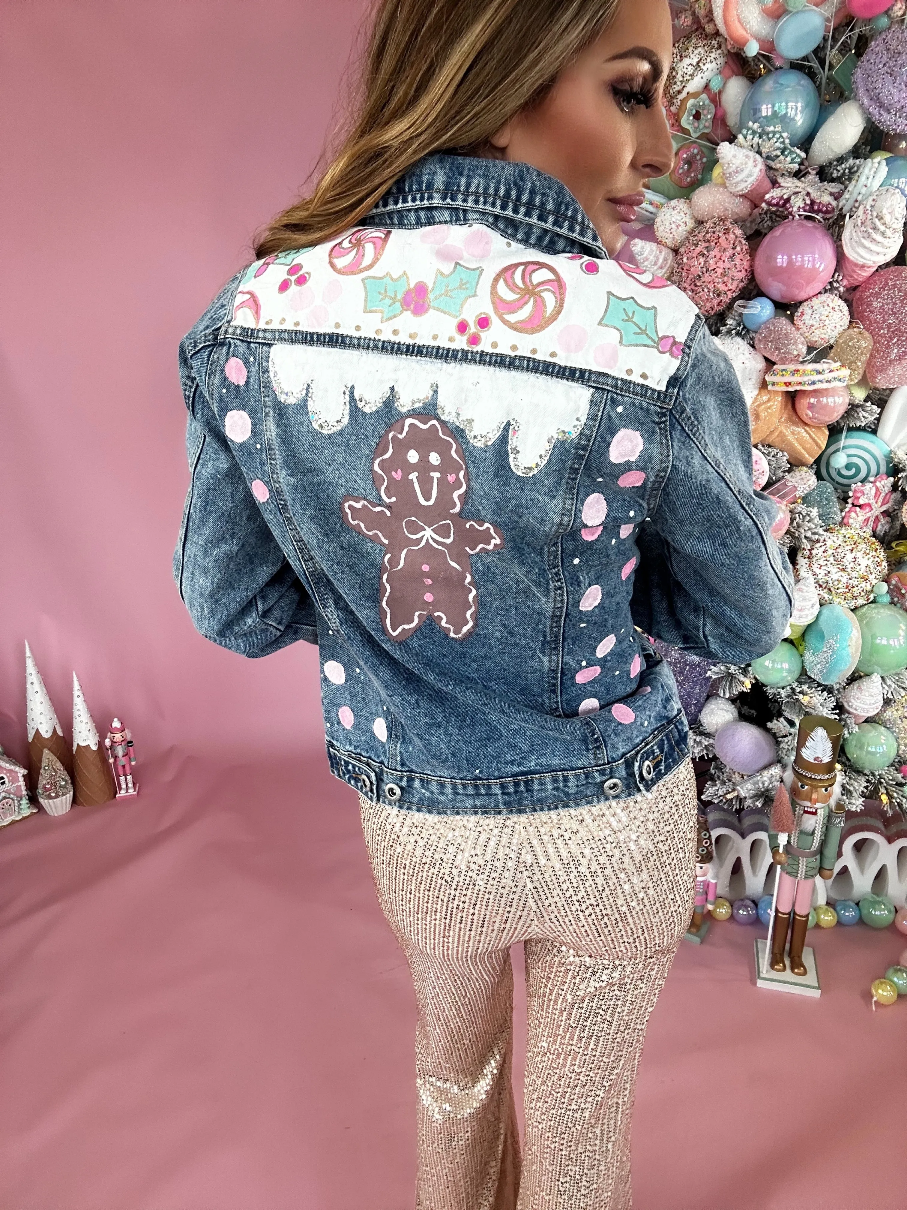 Women's Gingerbread Hand Custom Painted Denim Jacket Long Sleeve Top